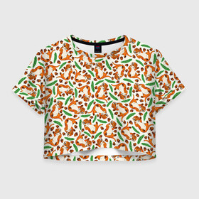 Женская футболка Crop-top 3D с принтом Тигрята, еловые ветки и желуди в городе Новоалтайск, 100% полиэстер | круглая горловина, длина футболки до линии талии, рукава с отворотами | animals | baby | cat | kitty | new year | tiger | winter | ветка елки | ветки | год тигра | джунгли | дикие кошки | дикий зверь | елки | желуди | животные | кот | котята | лес | лесные животные | маленький тигр | малыши