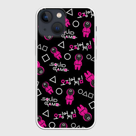 Чехол для iPhone 13 mini с принтом Игра в кальмара (узор) в городе Новоалтайск,  |  | 456 | squid game | игра | игра в кальмара | квадрат | красные костюмы | круг | люди в красных костюмах | люди в масках | нетфликс | сериал | солдаты | треугольник