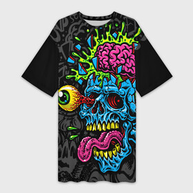 Платье-футболка 3D с принтом Взрыв мозгов в городе Новоалтайск,  |  | blue skull | brain explosion | day of the dead | halloween | happy halloween | holiday | shards | splashes | zombies | брызги | взрыв мозгов | день мертвых | зомби | осколки | праздник | синий череп | хэллоуин