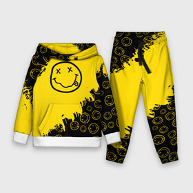 Детский костюм 3D (с толстовкой) с принтом Nirvana Smile | Нирвана Рваный Паттерн в городе Новоалтайск,  |  | Тематика изображения на принте: album | curt | grunge | kobain | logo | music | nevermind | nirvana | pattern | rock | smells like | smile | teen spirit | альбом | брызги | гитара | гранж | курт кобейн | логотип | музыка | невермайнд | нирвана | паттерн | потертости | рок | сма