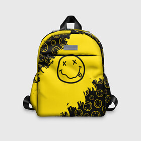 Детский рюкзак 3D с принтом Nirvana Smile | Нирвана Рваный Паттерн в городе Новоалтайск, 100% полиэстер | лямки с регулируемой длиной, сверху петелька, чтобы рюкзак можно было повесить на вешалку. Основное отделение закрывается на молнию, как и внешний карман. Внутри дополнительный карман. По бокам два дополнительных кармашка | Тематика изображения на принте: album | curt | grunge | kobain | logo | music | nevermind | nirvana | pattern | rock | smells like | smile | teen spirit | альбом | брызги | гитара | гранж | курт кобейн | логотип | музыка | невермайнд | нирвана | паттерн | потертости | рок | сма