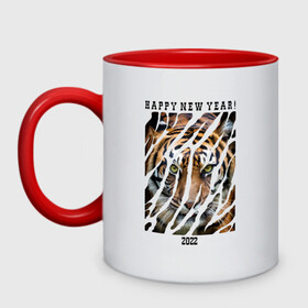 Кружка двухцветная с принтом Happy New Year Tiger в городе Новоалтайск, керамика | объем — 330 мл, диаметр — 80 мм. Цветная ручка и кайма сверху, в некоторых цветах — вся внутренняя часть | 2022 | amur tiger | beast | happy new year | merry christmas | new year | predator | stern look | year of the tiger | амурский тигр | год тигра | зверь | новый год | суровый взгляд | хищник