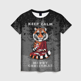 Женская футболка 3D с принтом Keep calm and Merry Christmas в городе Новоалтайск, 100% полиэфир ( синтетическое хлопкоподобное полотно) | прямой крой, круглый вырез горловины, длина до линии бедер | 2022 | beast | buddhist | heart | keep calm and merry christmas | meditation | new year | spruce forest | tiger | year of the tiger | буддист | год тигра | ельник | зверь | медитация | новый год | сердце | тигр | черные очки