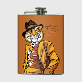 Фляга с принтом Good luck in the coming year of the Tiger в городе Новоалтайск, металлический корпус | емкость 0,22 л, размер 125 х 94 мм. Виниловая наклейка запечатывается полностью | Тематика изображения на принте: 2022 | gentleman | happy new year | hat | imposing | look | merry christmas | orange suit | predator | tiger | взгляд | год тигра | джентльмен | новый год | оранжевый костюм | рождество | тигр | хищник | шляпа