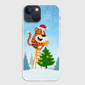 Чехол для iPhone 13 mini с принтом Тигр украшает новогоднюю елку в городе Новоалтайск,  |  | 2022 | год тигра | новый год | новый год 2022 | символ года | тигр | тигренок | тигрица | тигры