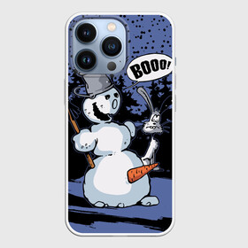 Чехол для iPhone 13 Pro с принтом Снеговик на Хэллоуин в городе Новоалтайск,  |  | Тематика изображения на принте: broom | bucket | carrot | fir forest | frightened hare | halloween | new year | night | scary | snow | snowman | ведро | еловый лес | испуганный заяц | метла | морковка | новый год | ночь | снег | снеговик | страшный | хэллоуин