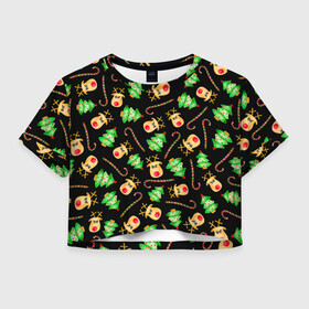 Женская футболка Crop-top 3D с принтом Олени, елки и карамель в городе Новоалтайск, 100% полиэстер | круглая горловина, длина футболки до линии талии, рукава с отворотами | caramel | christmas | deer | lollipop | merry christmas | new year | santa | spruce | tree | акварель | ёлка | зима | зимний узор | карамель | леденец | лес | новогодние олени | новогодний узор | новогодняя ночь | новый год | ночь | олени