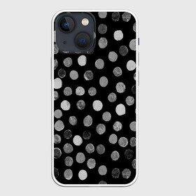 Чехол для iPhone 13 mini с принтом Кружочки на черном фоне в городе Новоалтайск,  |  | Тематика изображения на принте: белое | горох | горошек | краска | круги | круглое | круглые | кружки | кружочки | мазки | орнамент | паттерн | принт | пятна | пятнышки | серое | узор | чб | чернобелое | черное