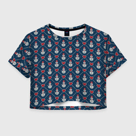Женская футболка Crop-top 3D с принтом Снеговики с Сердечками в городе Новоалтайск, 100% полиэстер | круглая горловина, длина футболки до линии талии, рукава с отворотами | love | merry christmas | дед мороз | ёлка | зима | любовь | мороз | новый год | подарок | праздник | рождество | с новым годом | сантаклаус | свитер | свитер с сердечками | свитер со снеговиками | сердца | снег