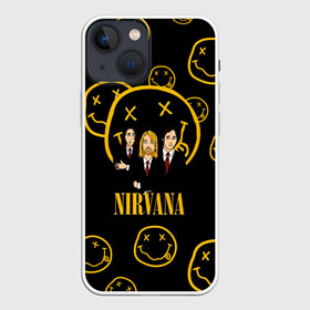 Чехол для iPhone 13 mini с принтом Арт на группу Nirvana в городе Новоалтайск,  |  | Тематика изображения на принте: kurt cobain | nevermino | nirvana | альтернативный | гранж | грол | дональд | курт кобейн | музыка | надпись | нервана | нирвана | новоселич | певец | рок группа | смайл | смайлик | солист