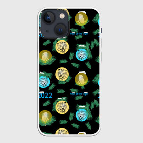 Чехол для iPhone 13 mini с принтом Новогодний принт с тиграми в городе Новоалтайск,  |  | 2022 | christmas cat | kitten | mood | toys | tree | year | год | елка | елки | елочные | золотой | игрушки | кот | котенок | кошачьи | настроение | новогодние | новый тигра | пушистая | снежная | тигр | фон | черный