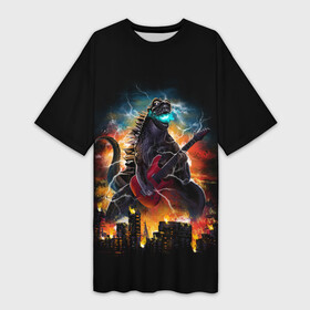 Платье-футболка 3D с принтом РОКЗИЛЛА в городе Новоалтайск,  |  | godzilla | guitar | moster | music | rock | гитара | годзилла | динозавр | монстр | музыка | пожар | рок
