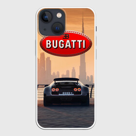 Чехол для iPhone 13 mini с принтом Bugatti на фоне Дубая ОАЭ с логотипом в городе Новоалтайск,  |  | bugatti chiron | bugatti veyron | бугатти | гиперкары | дубай | закат | оаэ | спортивные машины | спорткары