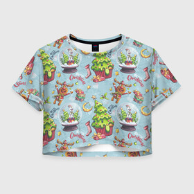 Женская футболка Crop-top 3D с принтом Merry Christmas Pattern в городе Новоалтайск, 100% полиэстер | круглая горловина, длина футболки до линии талии, рукава с отворотами | 2022 | 2022 год | happy new year | santa | год тигра | дед мороз | каникулы | мороз | новогодний свитер | новый год | новый год 2022 | новый год тигра | оливье | праздник | рождество | санта клаус | свитер новогодний