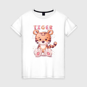 Женская футболка хлопок с принтом Cute little tiger в городе Новоалтайск, 100% хлопок | прямой крой, круглый вырез горловины, длина до линии бедер, слегка спущенное плечо | 2022 | 2022 год | happy new year | santa | год тигра | дед мороз | каникулы | мороз | новогодний свитер | новый год | новый год 2022 | новый год тигра | оливье | праздник | рождество | санта клаус | свитер новогодний