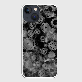 Чехол для iPhone 13 mini с принтом механизм и дым, стимпанк в городе Новоалтайск,  |  | Тематика изображения на принте: болтики | дым | механизм | робот | серый | стимпанк | темный | часы | черный | шестеренки