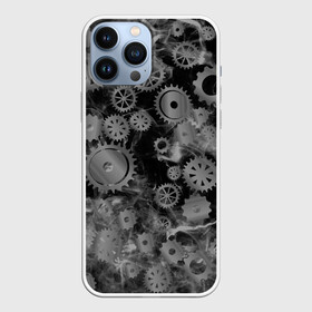 Чехол для iPhone 13 Pro Max с принтом механизм и дым, стимпанк в городе Новоалтайск,  |  | Тематика изображения на принте: болтики | дым | механизм | робот | серый | стимпанк | темный | часы | черный | шестеренки