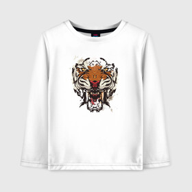 Детский лонгслив хлопок с принтом Angry Tiger watercolor в городе Новоалтайск, 100% хлопок | круглый вырез горловины, полуприлегающий силуэт, длина до линии бедер | 2022 | 2022 год | happy new year | santa | год тигра | дед мороз | каникулы | мороз | новогодний свитер | новый год | новый год 2022 | новый год тигра | оливье | праздник | рождество | санта клаус | свитер новогодний