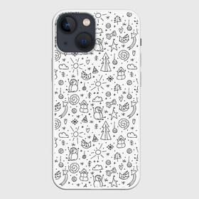 Чехол для iPhone 13 mini с принтом Зимнее дудл настроение в городе Новоалтайск,  |  | бант | бантик | дудл | дудлики | елка | елочка | колокольчик | кот | нарисованный | облако | от руки | сердечко | сердце | снег | снеговик | снежинка | солнце | шарик