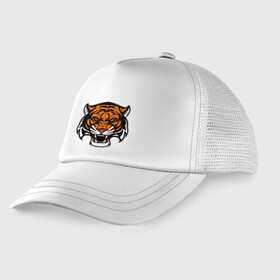 Детская кепка тракер с принтом Tiger Cool в городе Новоалтайск, Козырек - 100% хлопок. Кепка - 100% полиэстер, Задняя часть - сетка | универсальный размер, пластиковая застёжка | 2022 | animal | cat | lion | tiger | год тигра | животные | зверь | зубы | кот | кошка | лев | охотник | полосатый | природа | тигр | тигренок | тигрица | хищник