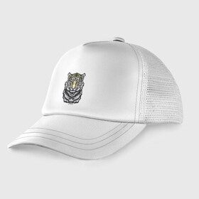 Детская кепка тракер с принтом King   Tiger в городе Новоалтайск, Козырек - 100% хлопок. Кепка - 100% полиэстер, Задняя часть - сетка | универсальный размер, пластиковая застёжка | 2022 | animal | cat | lion | tiger | год тигра | животные | зверь | зубы | кот | кошка | лев | охотник | полосатый | природа | тигр | тигренок | тигрица | хищник