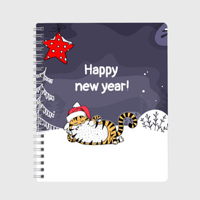Тетрадь с принтом Happy New Year 2022 Тигр в городе Новоалтайск, 100% бумага | 48 листов, плотность листов — 60 г/м2, плотность картонной обложки — 250 г/м2. Листы скреплены сбоку удобной пружинной спиралью. Уголки страниц и обложки скругленные. Цвет линий — светло-серый
 | 2022 | год тигра | новый год | новый год 2022 | символ года | тигр | тигренок | тигрица | тигры