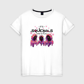 Женская футболка хлопок с принтом It s squidmas time to play в городе Новоалтайск, 100% хлопок | прямой крой, круглый вырез горловины, длина до линии бедер, слегка спущенное плечо | squid game | дед мороз | игра | игра в кальмара | кальмар | новогодние игры в кальмара | новогодний | новый год | подарок | свитера | сериал | сериал игра в кальмара