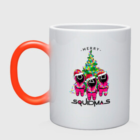 Кружка хамелеон с принтом Guardians Merry squidmas в городе Новоалтайск, керамика | меняет цвет при нагревании, емкость 330 мл | Тематика изображения на принте: squid game | дед мороз | игра | игра в кальмара | кальмар | новогодние игры в кальмара | новогодний | новый год | подарок | свитера | сериал | сериал игра в кальмара