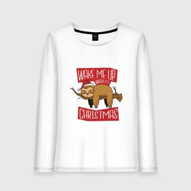 Женский лонгслив хлопок с принтом Wake me up when its Christmas в городе Новоалтайск, 100% хлопок |  | art | branch | christmas | new year | sloth | арт | ветка | ленивец | новый год | рождество