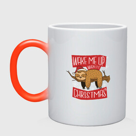 Кружка хамелеон с принтом Wake me up when its Christmas в городе Новоалтайск, керамика | меняет цвет при нагревании, емкость 330 мл | art | branch | christmas | new year | sloth | арт | ветка | ленивец | новый год | рождество