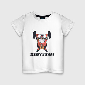 Детская футболка хлопок с принтом Merry Fitmas в городе Новоалтайск, 100% хлопок | круглый вырез горловины, полуприлегающий силуэт, длина до линии бедер | Тематика изображения на принте: art | barbell | christmas | drawing | fitness | new year | santa | santa claus | sport | арт | новый год | рисунок | рождество | санта | санта клаус | спорт | фитнес | штанга