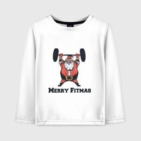 Детский лонгслив хлопок с принтом Merry Fitmas в городе Новоалтайск, 100% хлопок | круглый вырез горловины, полуприлегающий силуэт, длина до линии бедер | art | barbell | christmas | drawing | fitness | new year | santa | santa claus | sport | арт | новый год | рисунок | рождество | санта | санта клаус | спорт | фитнес | штанга