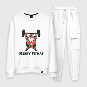 Женский костюм хлопок с принтом Merry Fitmas в городе Новоалтайск, 100% хлопок | на свитшоте круглая горловина, мягкая резинка по низу. Брюки заужены к низу, на них два вида карманов: два 