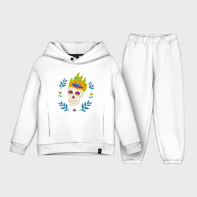 Детский костюм хлопок Oversize с принтом Композиция из веселого горящего черепа в окружении узора из цветов и листьев в городе Новоалтайск,  |  | Тематика изображения на принте: веселый | веселье | ветви | ветки | глаза | голова | горящий | композиция | кости | круглый | листья | мистика | огонь | персонаж | пламя | прикольный | символ | сказочный | скелет | смешной | страшный