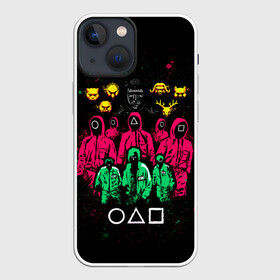 Чехол для iPhone 13 mini с принтом Игра в кальмара: игроки, охранники, ведущий, гости в городе Новоалтайск,  |  | 456 | squid game | игра | игра в кальмара | квадрат | красные костюмы | круг | люди в красных костюмах | люди в масках | нетфликс | сериал | солдаты | треугольник