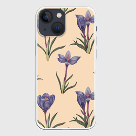 Чехол для iPhone 13 mini с принтом Цветы шафрана на бежевом фоне в городе Новоалтайск,  |  | 8 марта | flowers | march 8 | spring | бежевый | ботаническая иллюстрация | весна | день рождения | зеленый | лето | любовь | праздник | принт | природа | растения | фиолетовый | цветы | шафран