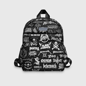 Детский рюкзак 3D с принтом ЛОГОТИПЫ МЕТАЛ ГРУПП   METAL BANDS LOGO в городе Новоалтайск, 100% полиэстер | лямки с регулируемой длиной, сверху петелька, чтобы рюкзак можно было повесить на вешалку. Основное отделение закрывается на молнию, как и внешний карман. Внутри дополнительный карман. По бокам два дополнительных кармашка | black sabbath | bmth | dio | heavy metal | iron maiden | judas priest | megadeth | metallica | motorhead | pantera | slayer | slipknot | группы | метал | рок
