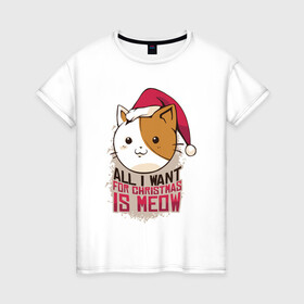 Женская футболка хлопок с принтом Christmas Cat в городе Новоалтайск, 100% хлопок | прямой крой, круглый вырез горловины, длина до линии бедер, слегка спущенное плечо | art | cat | christmas | kitty | new year | арт | кот | котик | новый год | рождество