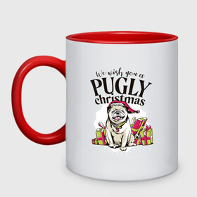Кружка двухцветная с принтом Pugly Christmas в городе Новоалтайск, керамика | объем — 330 мл, диаметр — 80 мм. Цветная ручка и кайма сверху, в некоторых цветах — вся внутренняя часть | Тематика изображения на принте: christmas | dog | drawing | gifts | new year | pug | pugly | мопс | новый год | пес | подарки | рисунок | рождество | собака