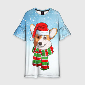 Детское платье 3D с принтом Новогодний Корги   New Years Corgi в городе Новоалтайск, 100% полиэстер | прямой силуэт, чуть расширенный к низу. Круглая горловина, на рукавах — воланы | christmas | corgi | dog | santa | дед мороз | елка | зима | корги | новый год | рождество | санта | снег | снегурочка | снежинка | собака | собачка | щенок