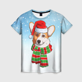 Женская футболка 3D с принтом Новогодний Корги   New Years Corgi в городе Новоалтайск, 100% полиэфир ( синтетическое хлопкоподобное полотно) | прямой крой, круглый вырез горловины, длина до линии бедер | christmas | corgi | dog | santa | дед мороз | елка | зима | корги | новый год | рождество | санта | снег | снегурочка | снежинка | собака | собачка | щенок
