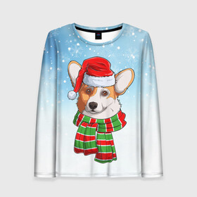 Женский лонгслив 3D с принтом Новогодний Корги   New Years Corgi в городе Новоалтайск, 100% полиэстер | длинные рукава, круглый вырез горловины, полуприлегающий силуэт | christmas | corgi | dog | santa | дед мороз | елка | зима | корги | новый год | рождество | санта | снег | снегурочка | снежинка | собака | собачка | щенок