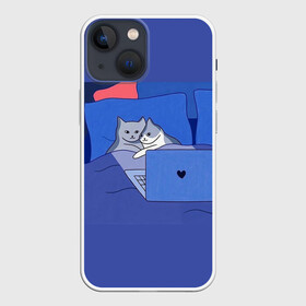 Чехол для iPhone 13 mini с принтом Милые коты с ноутбуком в городе Новоалтайск,  |  | cat | cats | mem | with cat | в обнимку | вобнимку | забавный | из мема | кот | кота | коты | коты лежат | лежат | лежачие коты | лежачий | лежащие коты | лежащий | мем | мемные | мемы | милые | мяу | нарисованные