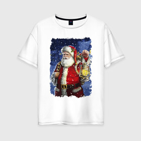 Женская футболка хлопок Oversize с принтом Santa Claus shines a lantern в городе Новоалтайск, 100% хлопок | свободный крой, круглый ворот, спущенный рукав, длина до линии бедер
 | beard | blizard | eyes | holiday | lantern | merry christmas | moustache | new year | santa klaus | snow | борода | глаза | дед мороз | новый год | очки | праздник | пурга | рождество | снег | усы | фонарь