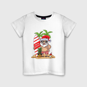 Детская футболка хлопок с принтом Santa on Vibe в городе Новоалтайск, 100% хлопок | круглый вырез горловины, полуприлегающий силуэт, длина до линии бедер | Тематика изображения на принте: art | beach | christmas | new year | palm trees | pineapple | sand | santa | santa claus | surfing | vibe | ананас | арт | вайб | новый год | пальмы | песок | пляж | рождество | санта | санта клаус | серфинг