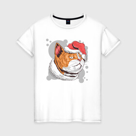 Женская футболка хлопок с принтом Christmas Cat в городе Новоалтайск, 100% хлопок | прямой крой, круглый вырез горловины, длина до линии бедер, слегка спущенное плечо | art | cat | christmas | kitty | new year | santa hat | арт | кот | котик | кошка | новый год | рождество | шапка санты