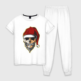 Женская пижама хлопок с принтом Santa Skull в городе Новоалтайск, 100% хлопок | брюки и футболка прямого кроя, без карманов, на брюках мягкая резинка на поясе и по низу штанин | art | beard | hat | santa | skull | арт | борода | санта | череп | шапка