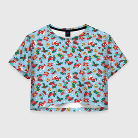 Женская футболка Crop-top 3D с принтом Christmas Background в городе Новоалтайск, 100% полиэстер | круглая горловина, длина футболки до линии талии, рукава с отворотами | christmas | christmas background | holiday | new year | socks | toys | игрушки | новогодний фон | новый год | носки | праздник | рождество