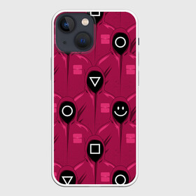 Чехол для iPhone 13 mini с принтом СОТРУДНИКИ ИГРЫ В КАЛЬМАРА (Squid Game) в городе Новоалтайск,  |  | Тематика изображения на принте: circle | game | money | neon | netflix | over | paints | smile | square | squid | triangle | брызги | в | деньги | игра | кальмара | капли | квадрат | краски | круг | неон | окончена | пятна | смайл | смайлик | треугольник | улыбка