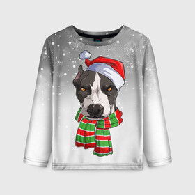 Детский лонгслив 3D с принтом Новогодний Питбуль   New Years Pit bull в городе Новоалтайск, 100% полиэстер | длинные рукава, круглый вырез горловины, полуприлегающий силуэт
 | christmas | dog | pit bull | santa | дед мороз | зима | новый год | питбуль | рождество | санта | снег | снежинка | собака | собачка | щенок